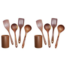 Stoviglie nel Legno, Set di Stoviglie da Cucina nel Teak con Supporto, Adatto per Pentole Antiaderenti, Cucchiaio da Cucina nel Legno 10 Pezzi