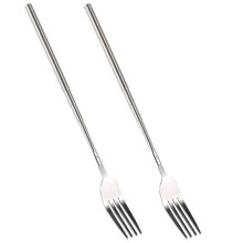 2X BBQ Retractable Fork Fruit Dessert Long Handle Fork Tableware Kitchen Supplies Stainless Steel Fork