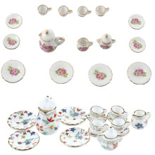 2 Set Miniature Dollhouse Dinnerware Porcelain Tea Set - Colorful Floral Print & Chinese Rose