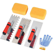 Stainless Steel Square Notched Tile Trowel Set, with Grout Sponge and Work Gloves, Masonry Tools for Tiling Installation