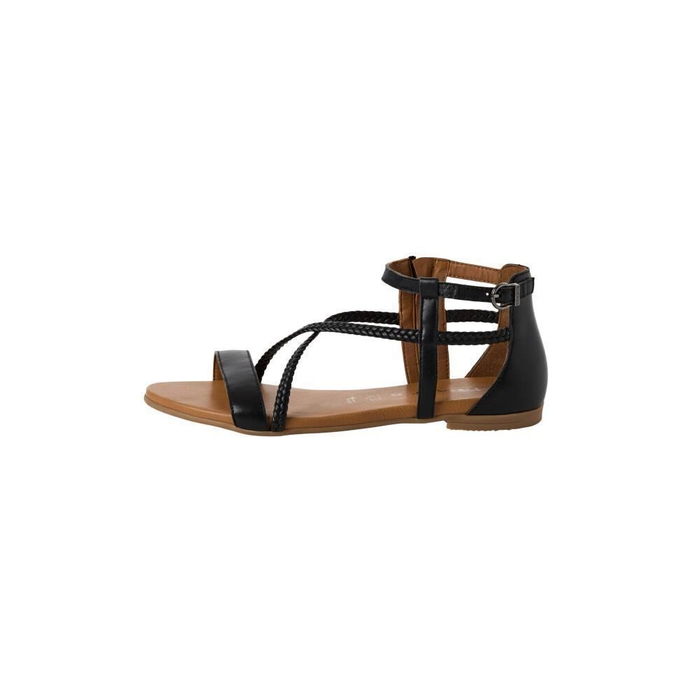 Tamaris Sandali In Pelle Nera - Cinturino Intrecciato, Zip Laterale, Tacco Piatto, Suola In Pelle
