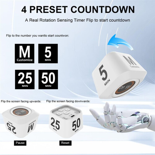 Rotating  Visual Timer 5, 25, 10, 50 Min Preset + Custom Countdown, Rechargeable Desk Productivity Flip Timer 2