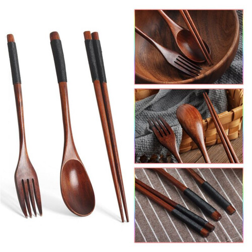 4X Wooden Flatware Set, Wooden Portable Set Chopsticks Spoon Fork Tableware Dinnerware with Black Twining Thread 2