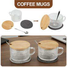 Vintage Koffieglazen Mokken Set van 2, Glazen Koffietheekopjes met Bamboe Deksels, Onderzetter en Lepels, 15Oz Helder ReliëF A