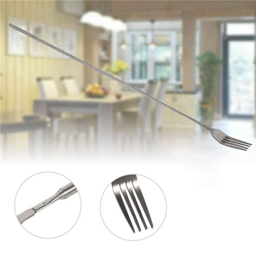 2X BBQ Retractable Fork Fruit Dessert Long Handle Fork Tableware  Kitchen Supplies Stainless Steel Fork 1