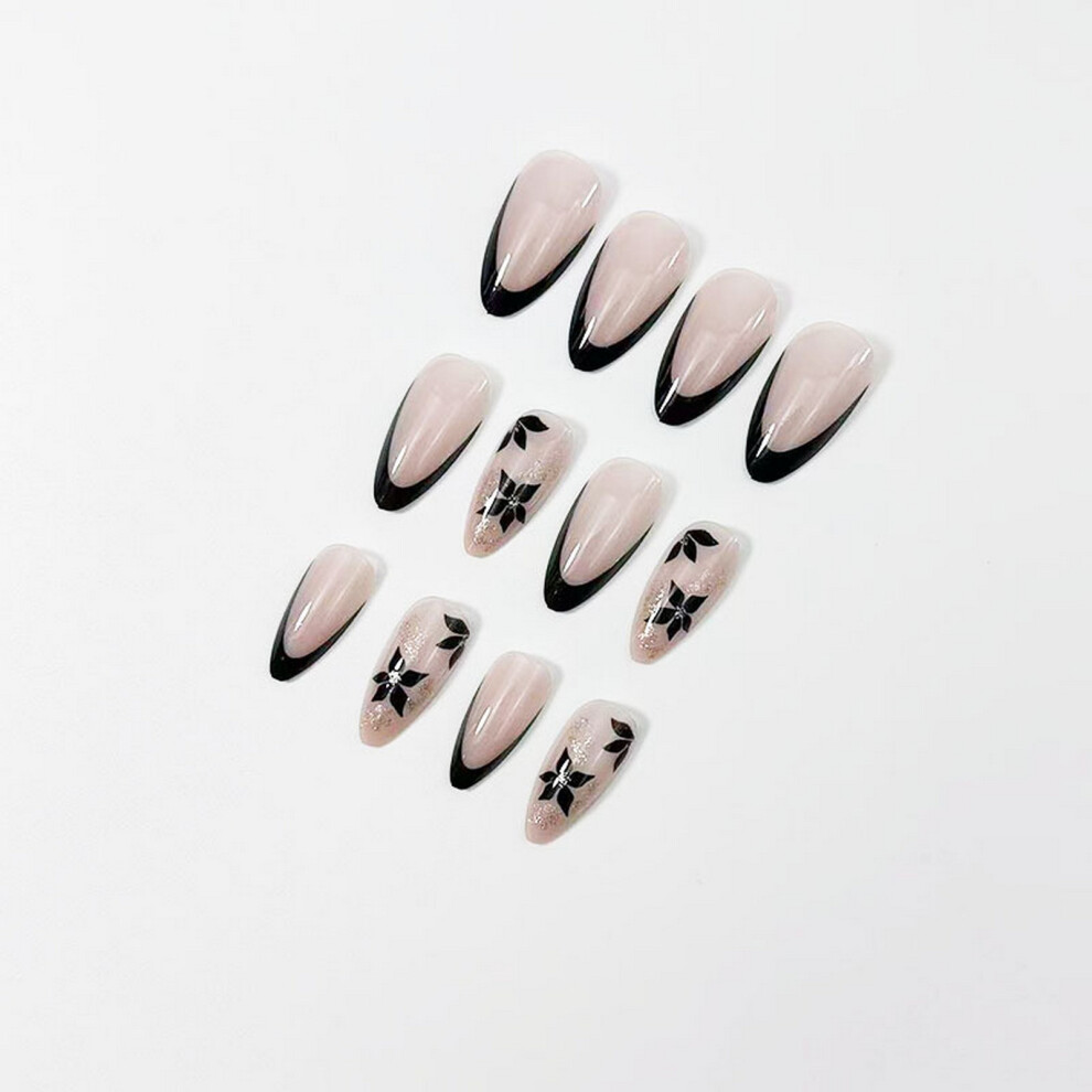 Dachuang Beauty 24Pcs Glitter French Nails With Black Floral Design