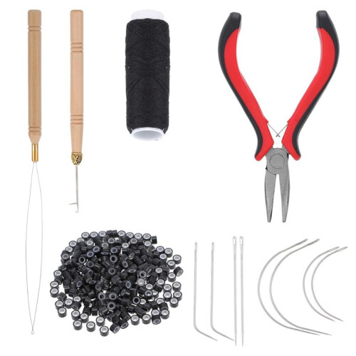 Hair Extensions Tools Kit,Silicone Beads,Plier,Roll Sewing Thread,Loop Needle-Threader, Sewing Needles-Bead Device Tool