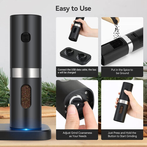 Electric Automatic Salt and Pepper Grinder Set with Rechargeable Base 2 Adjustable Coarseness Portable Grinder 2