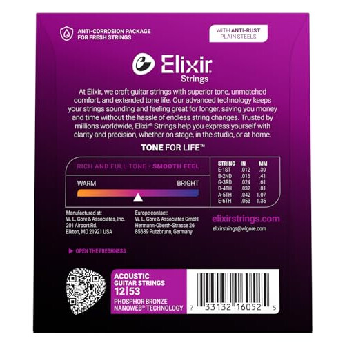 Elixir 16052 Strings Phosphor Bronze Acoustic Guitar Strings w NANOWEB 1