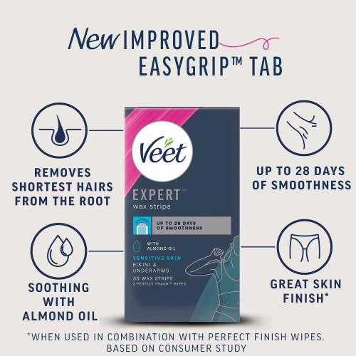 Veet Veet Expert Bikini Cold Wax Strips, Sensitive Skin, 30 Strips, 3 Wipes 1