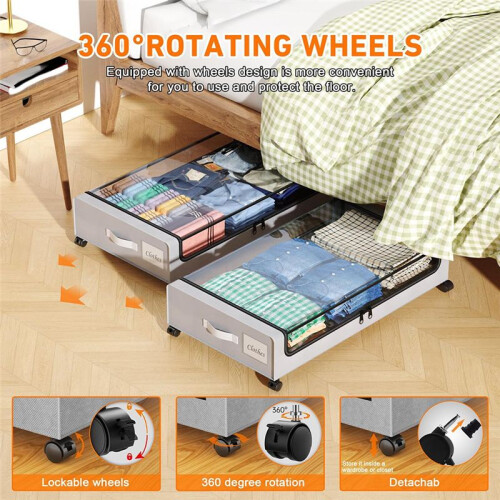 Under Bed Storage with Wheels,2-Pack Under Bed Storage Containers with Lids Rolling Under Bed Drawer for Clothes,Shoes,A 2