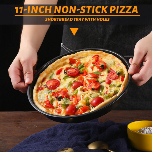 Pacote com 2 Assadeiras Perfuradas para Pizza de 11 Polegadas, Aço Carbono com Revestimento Antiaderente, Bandeja para Assar Pizza Fácil de Limpar 1
