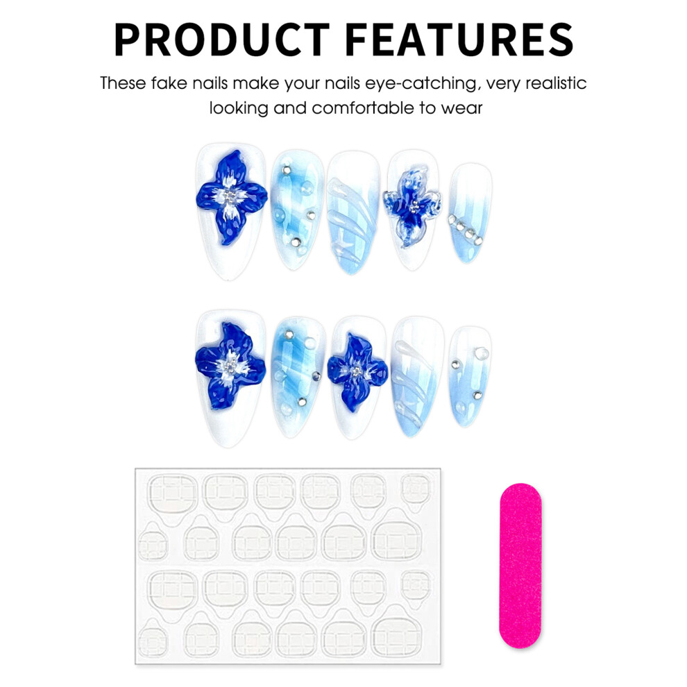 Bright-Home (Xs) Blue White Smudging Artificial Nails Finger Durable & Never Splitting Comfort Fake Nails For Manicure Lovers And Beauty