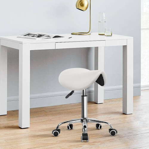 Adjustable PU Leather Rolling Saddle Stool White 1