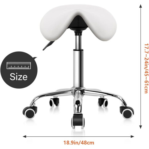 Adjustable PU Leather Rolling Saddle Stool White 2