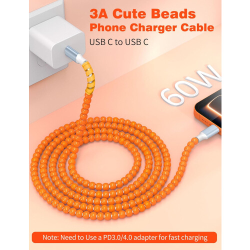 2m Orange Beaded 60W USB C Fast Cable 1