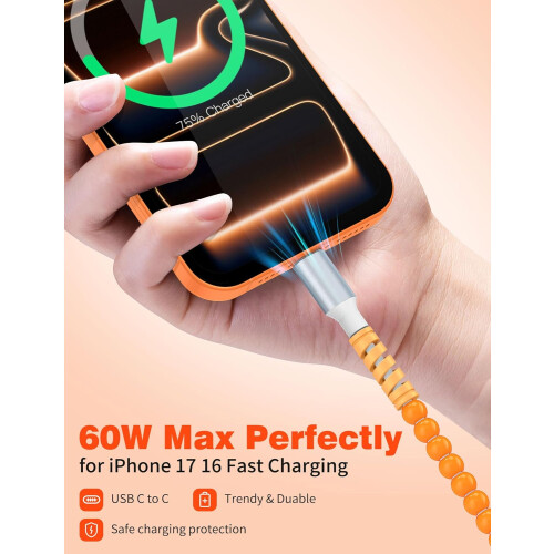 2m Orange Beaded 60W USB C Fast Cable 2