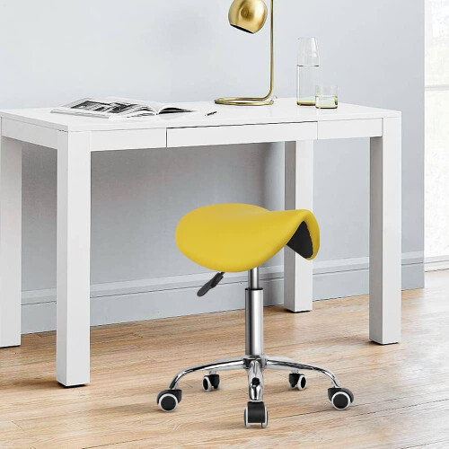 Adjustable PU Leather Rolling Saddle Stool Yellow 1