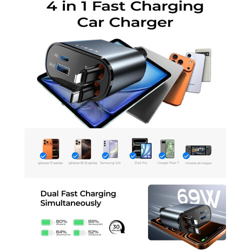 69W Retractable 4 in 1 Fast Car Charger 2