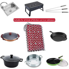 2X Cast Iron Skillet Cleaner,316 Stainless Steel Chainmail Cleaning Scrubber Silicone Scrubber,(Red)