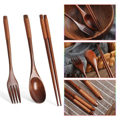 3X Wooden Flatware Set, Wooden Portable Set Spoon Fork Chopsticks Tableware Dinnerware with Khaki Twining Thread 1