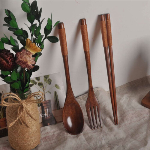 3X Wooden Flatware Set, Wooden Portable Set Spoon Fork Chopsticks Tableware Dinnerware with Khaki Twining Thread 2