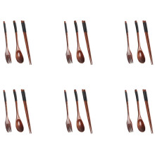 6X Ensemble de Couverts en Bois, Ensemble Portable en Bois Baguettes Cuillère Fourchette Vaisselle Vaisselle avec Fil de Torsion Noir