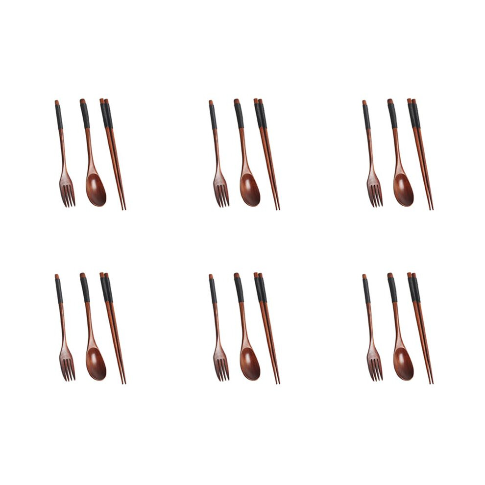 Semoic Black 6X Wooden Flatware Set, Wooden Portable Set Chopsticks Spoon Fork Tableware Dinnerware With Twining Thread