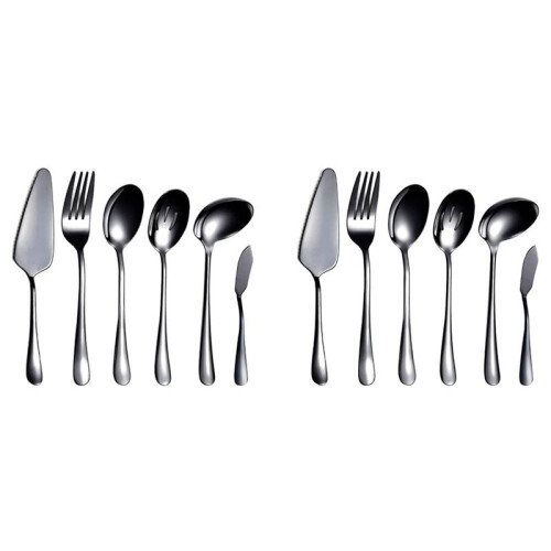 12-Piece Serving Flatware Silverware Set, Serving Utensil Set,Include Cake Server, Slotted Serving Spoon Black