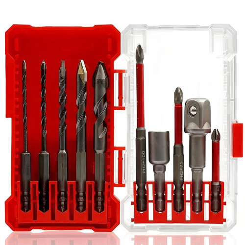 10-Piece Multi-Material Drill Bit Set with Hex Shank Extension Bars and Socket Adapter 1