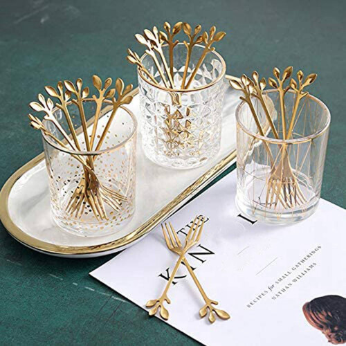 32PCS Dessert Spoon and Fork Set Cake Fork Coffee Spoon  Fruit Fork Stainless Steel -Gold 2