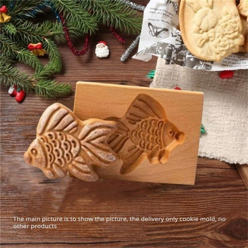 Holz-Plätzchenform, Geprägte Form, 3D-Geschnitzte Holztier-Plätzchenform, Goldfisch 1