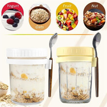 Overnight-Oats-BehäLter, Glas-MüSlibecher To Go mit LöFfel, Joghurtbecher To Go, Becher mit Deckel, Luftdichter MüSlibehäLter