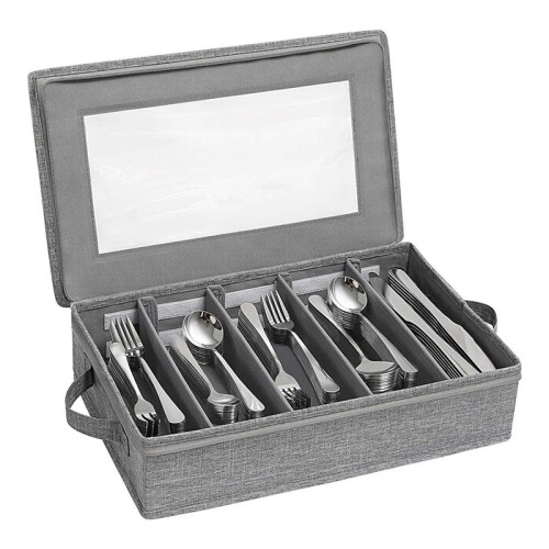 2X Silverware Box,Flatware Organizer with Zipper Lid, 5 Compartment Cutlery Case with Adjustable Divider and Handle 1