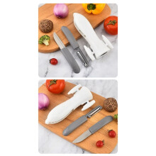 Outil de Coupe de Cuisine Multifonctionnel, Éplucheur, Couteau à Fruits, Décapsuleur, Aiguiseur et Presse-Ail, Blanc