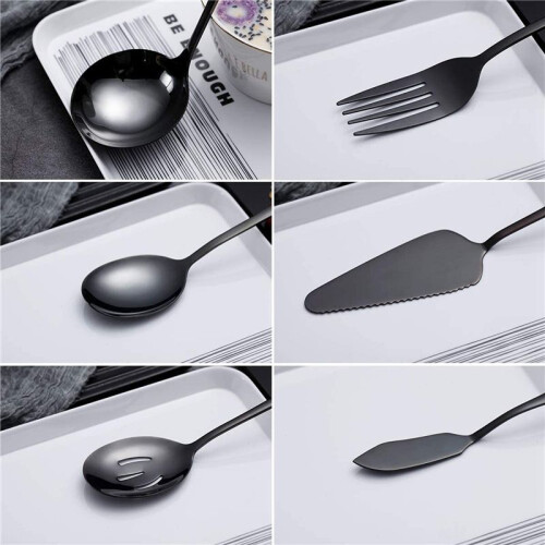 12-Piece Serving Flatware Silverware Set, Serving Utensil Set,Include Cake Server, Slotted Serving Spoon Black 1