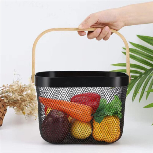 2X Metal Mesh Basket, Multi-Functional Hanging Kitchen Baskets Fruit Basket with Handle Black 1