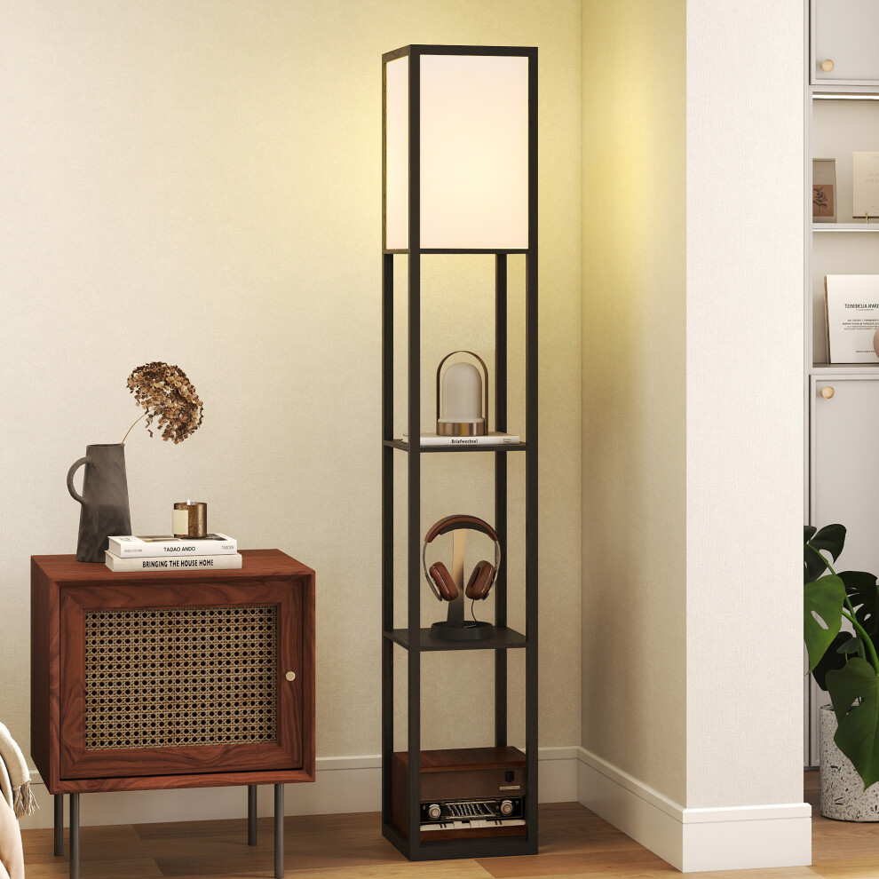 Homcom Floor Lamp With 3-Tier Storage Shelf For Home Office, Black
