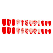 24PCS Striped Red Square Fake Nails for Women