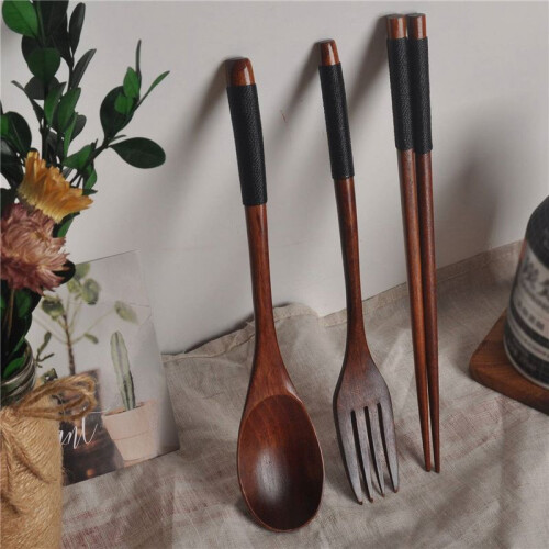 5X Wooden Flatware Set, Wooden Portable Set Chopsticks Spoon Fork Tableware Dinnerware with Black Twining Thread