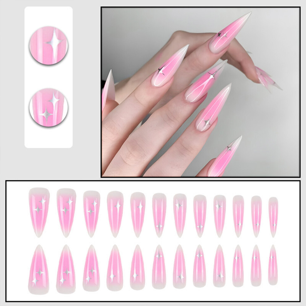 Dachuang Beauty Pink 24Pcs Star False Nails, Easy Apply Manicure