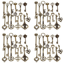 Set of 72 Antique Vintage Old Bronze Skeleton Key Heart Bow Lock Pendant