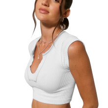 Top scurt fără mâneci pentru femei, top scurt ușor cu textură striată și design cu decolteu în U blocant de culoare, top scurt sexy cu