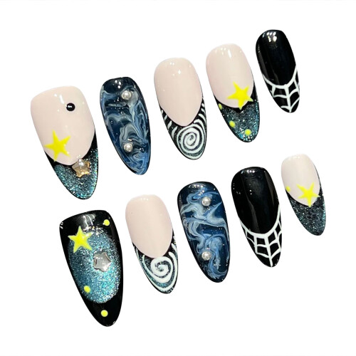 (S) Short Almond Press On Nails - Night Sky Design 1