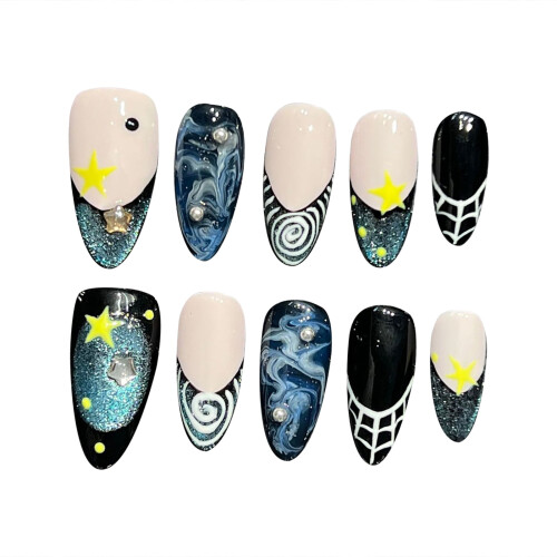 (S) Short Almond Press On Nails - Night Sky Design 2