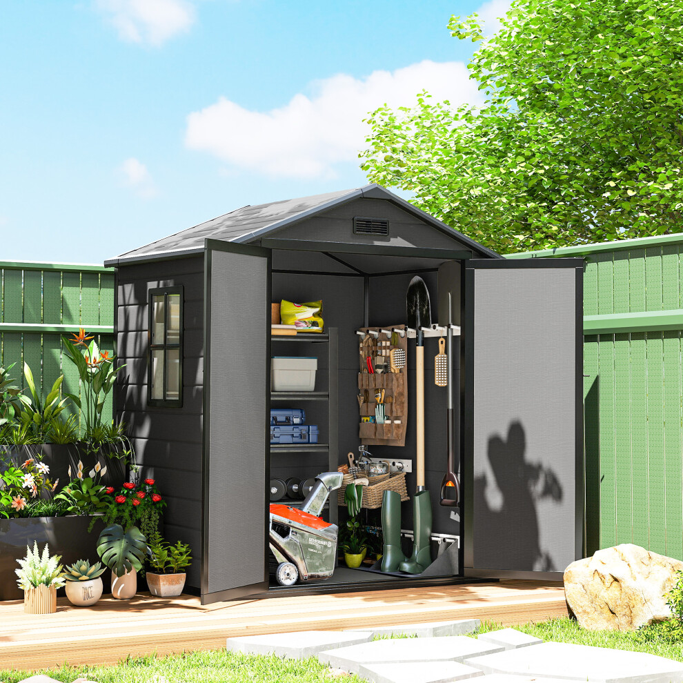 Outsunny Garden Shed 6X4.5 Plastic Tool Storage House W Lockable Double Doors - Dark Grey - Image 4