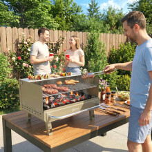 Outsunny Portable Barbecue Grill with Adjustable Grates for Camping, Khaki
