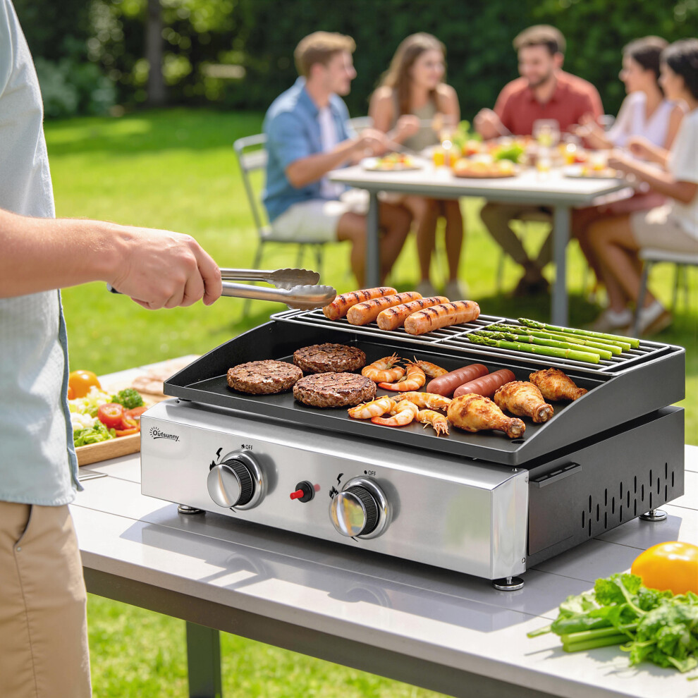 Outsunny 2 Burner Grill Griddle, Tabletop Gas Bbq With Grease Cup, Black