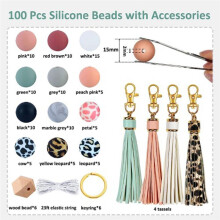 100Pcs Silicone Beads for Keychain Making,15mm Rubber Beads Kit for Bracelet Lanyards with Key Rings and Tassels