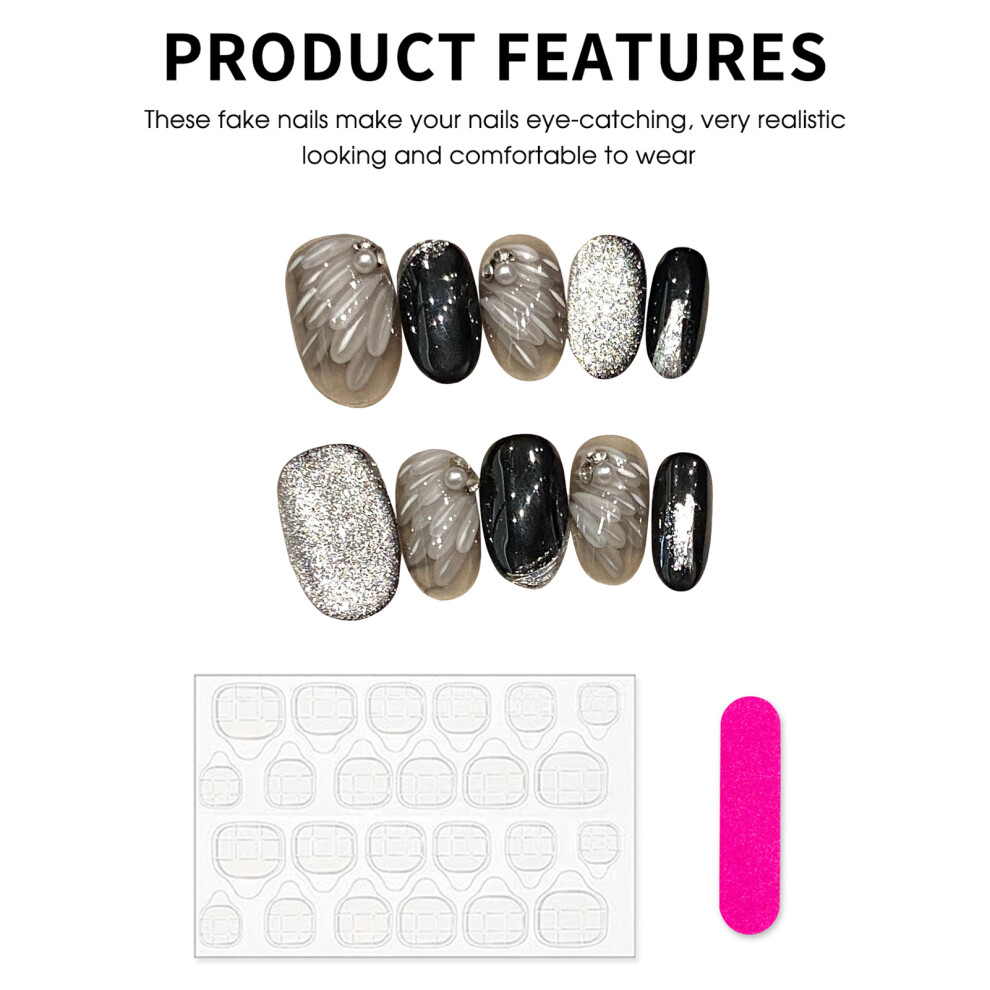 Zhouq-Outdoors (Xs) Glitter French False Nails With Rhinestones & Pearls